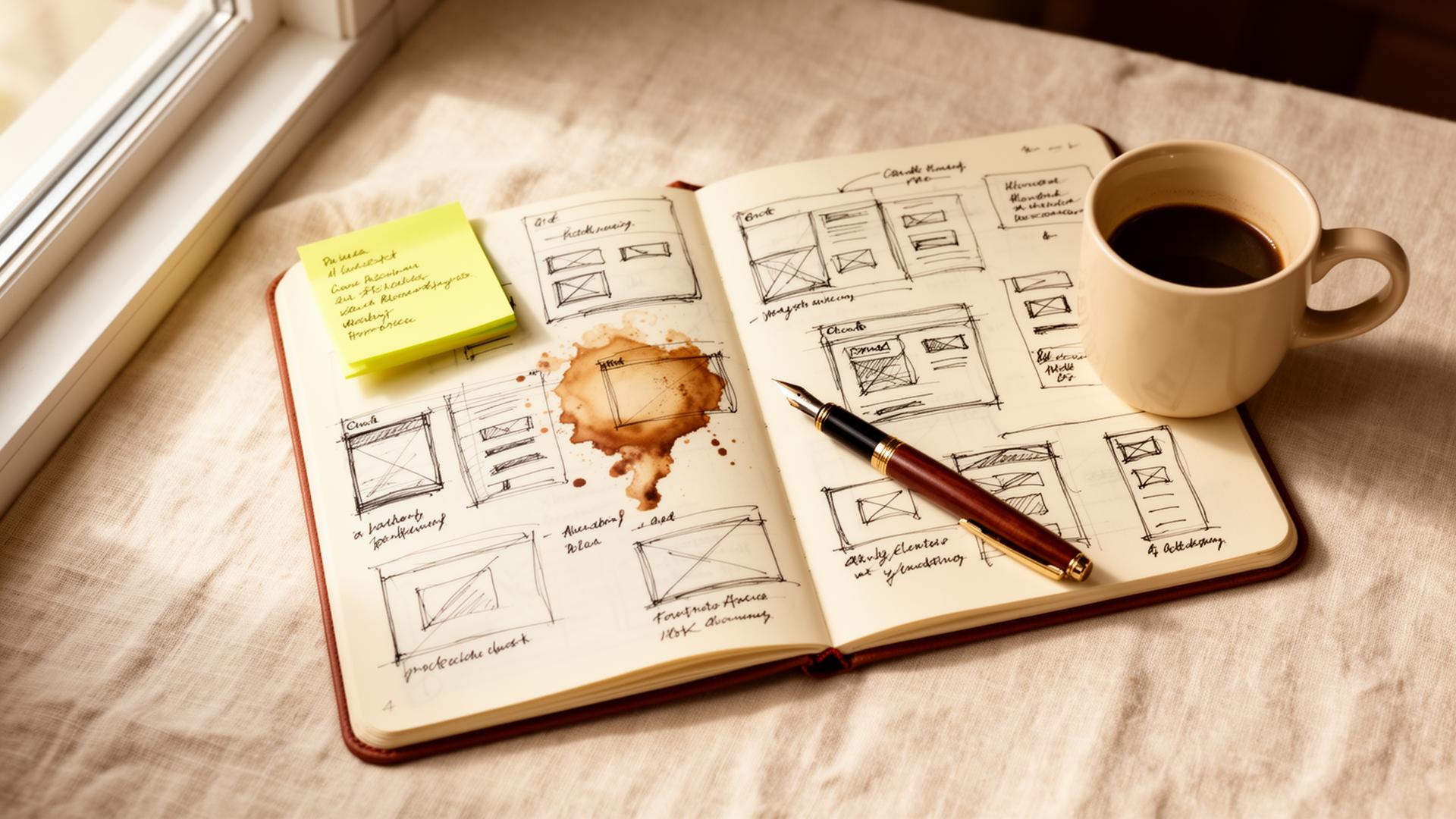 A notebook full of hand-drawn wireframes and a coffee mug